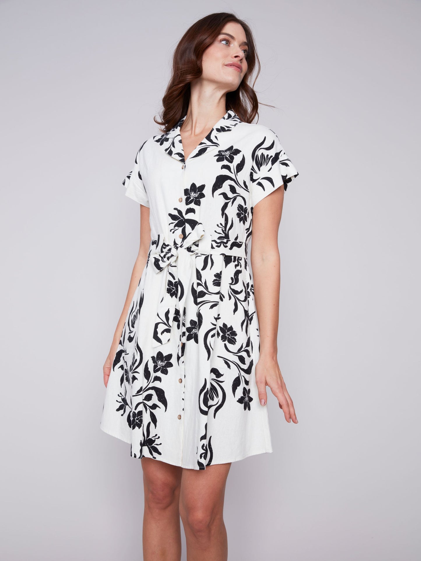Charlie B Dress Floral Linen Dress-Cream/Black