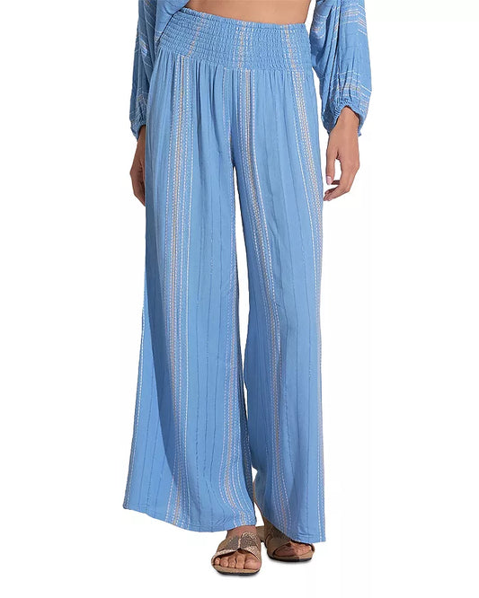 Elan Smocked Waist  Pant Blue Lilac Stripe