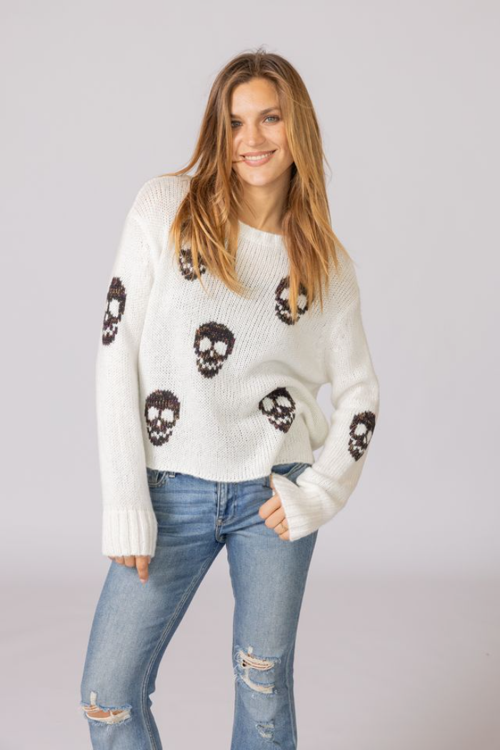 Wooden Ships Skulls Crew Chunky Sweater - Pure Snow/Black Heather