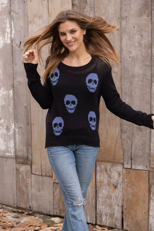 Wooden Ships Skulls Crew Neck Cotton -Black/Denim Heather
