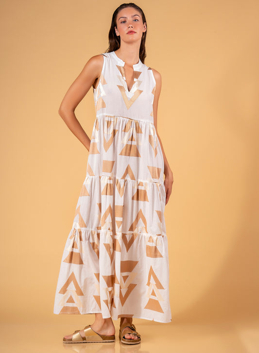 Aether Concept S/L Maxi Dress Off White / Bronze