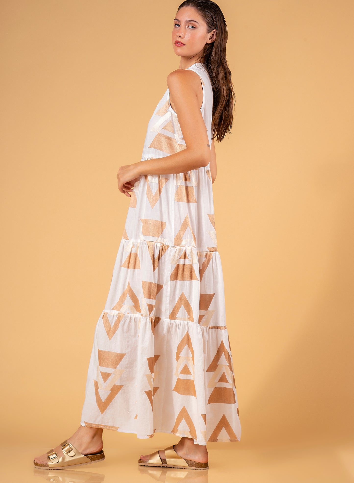 Aether Concept S/L Maxi Dress Off White / Bronze