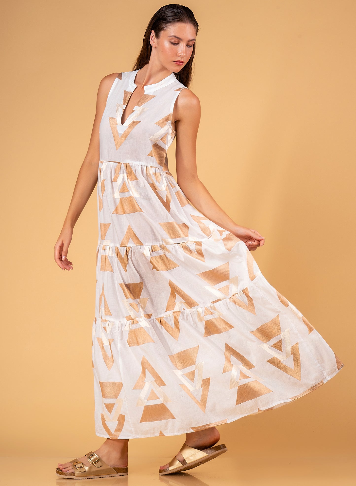 Aether Concept S/L Maxi Dress Off White / Bronze
