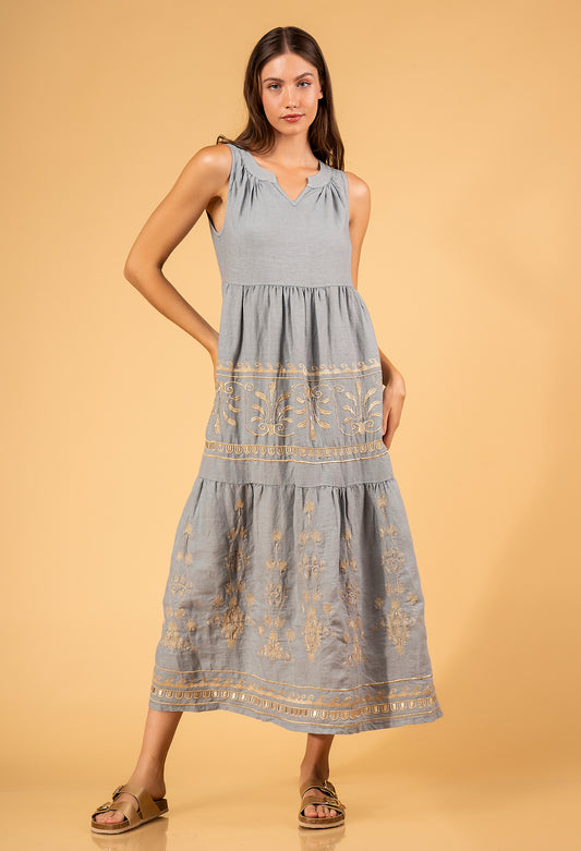 Aether Concept S/L Linen Midi Dress Grey / Gold