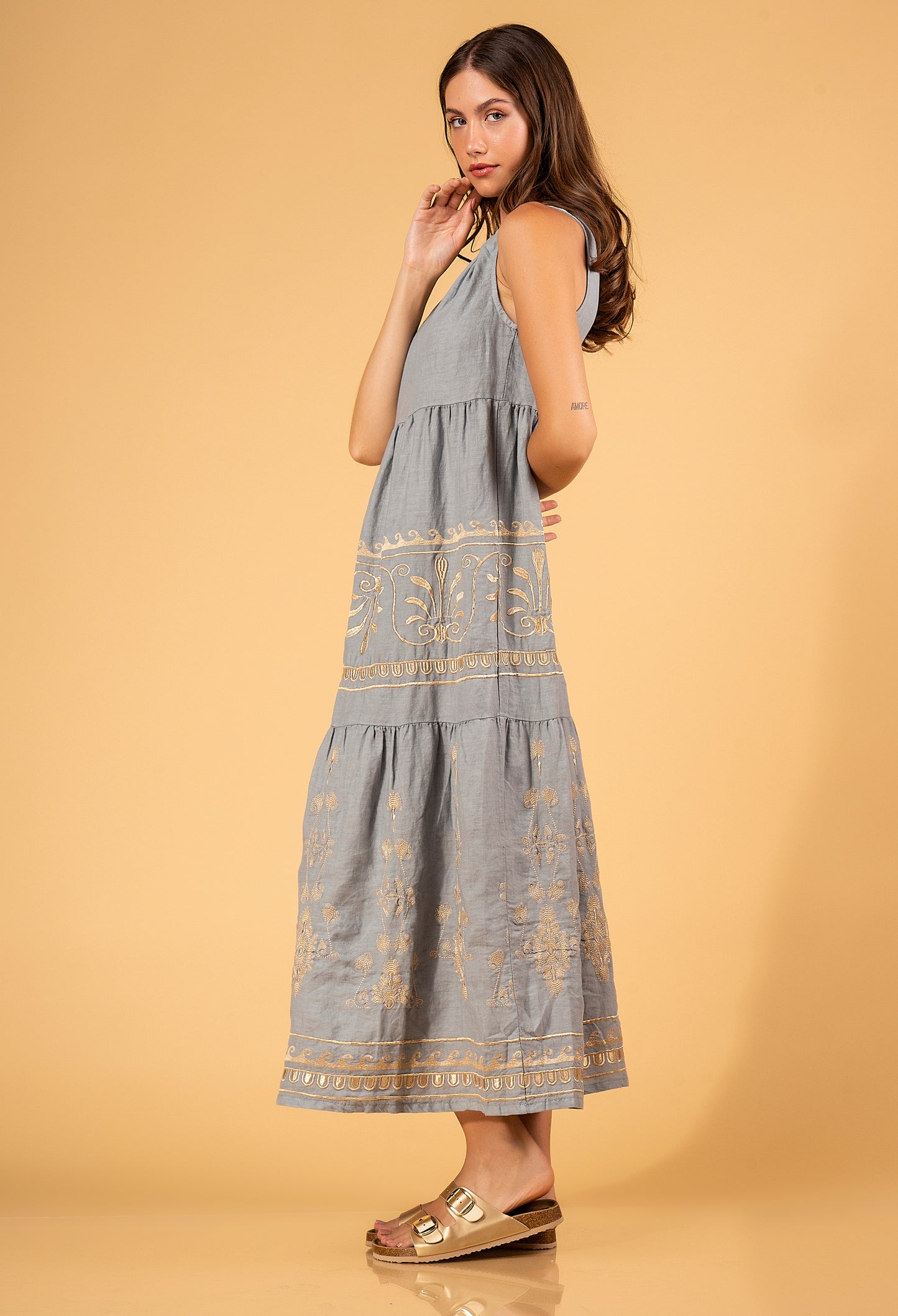 Aether Concept S/L Linen Midi Dress Grey / Gold