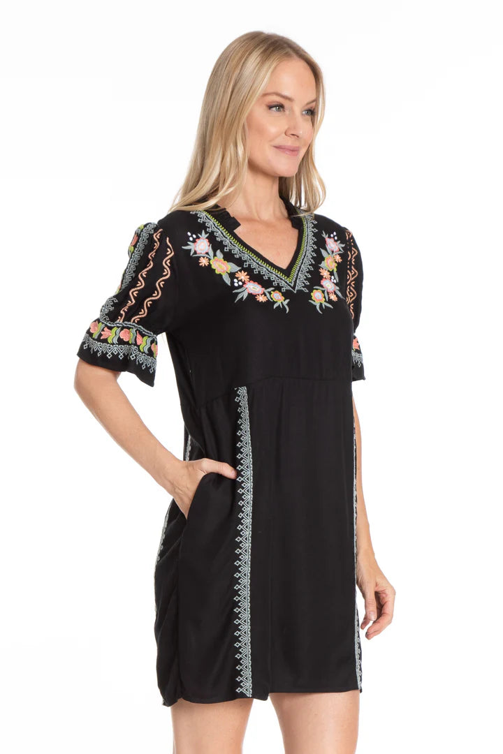 APNY Floral Embroidered V-Neck Dress With Elbow Sleeves-Black