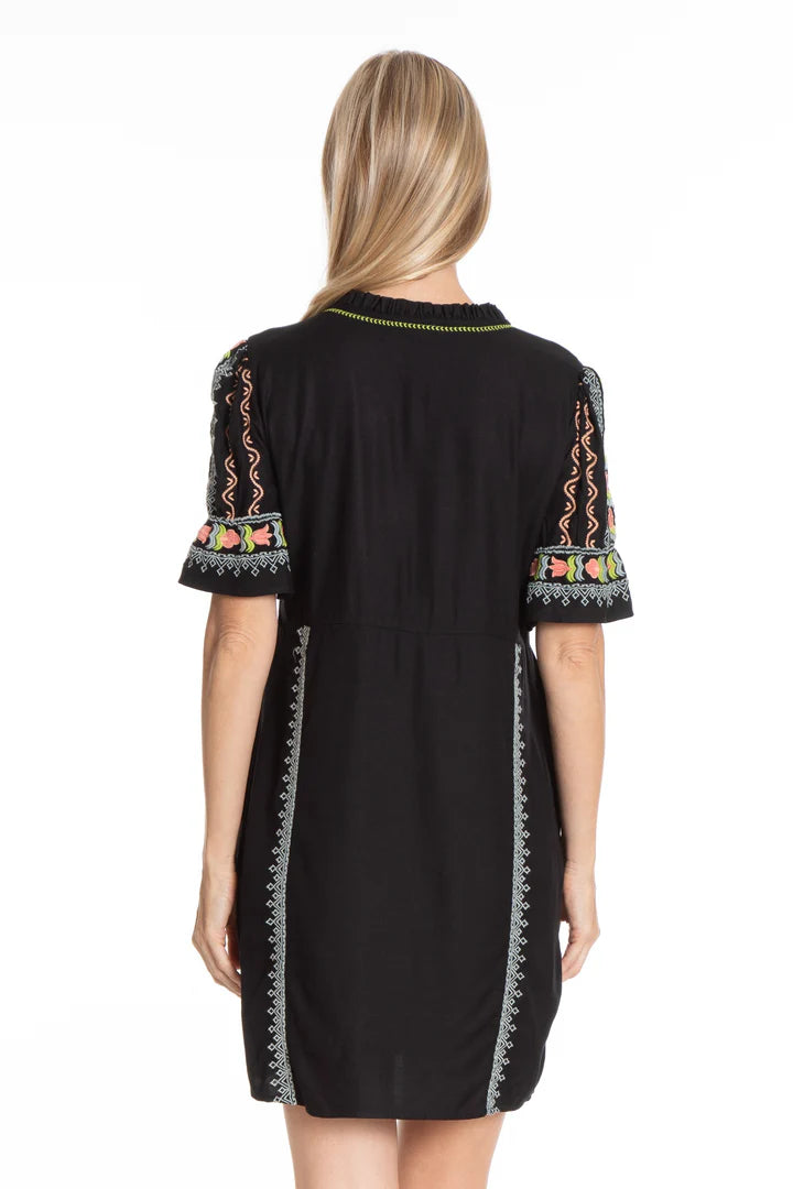 APNY Floral Embroidered V-Neck Dress With Elbow Sleeves-Black