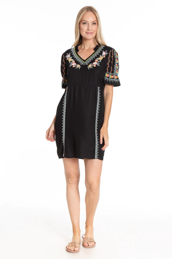 APNY Floral Embroidered V-Neck Dress With Elbow Sleeves-Black