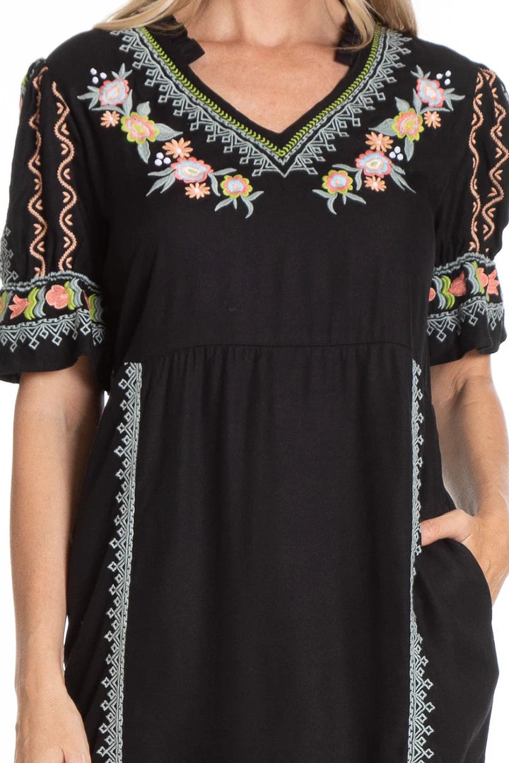 APNY Floral Embroidered V-Neck Dress With Elbow Sleeves-Black