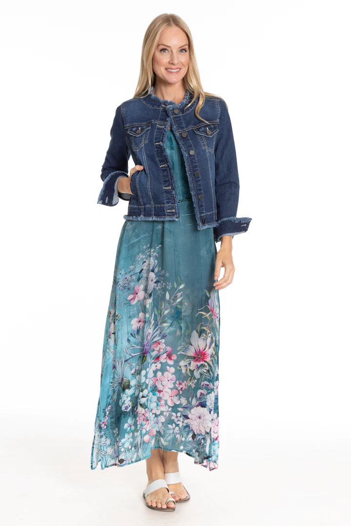 APNY Collarless Jean Jacket With Frayed Detail-Indigo