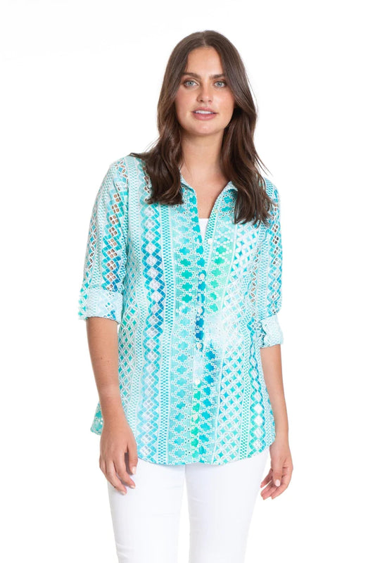 APNY Eyelet Ombre Button Up Blouse-Blue Lagoon