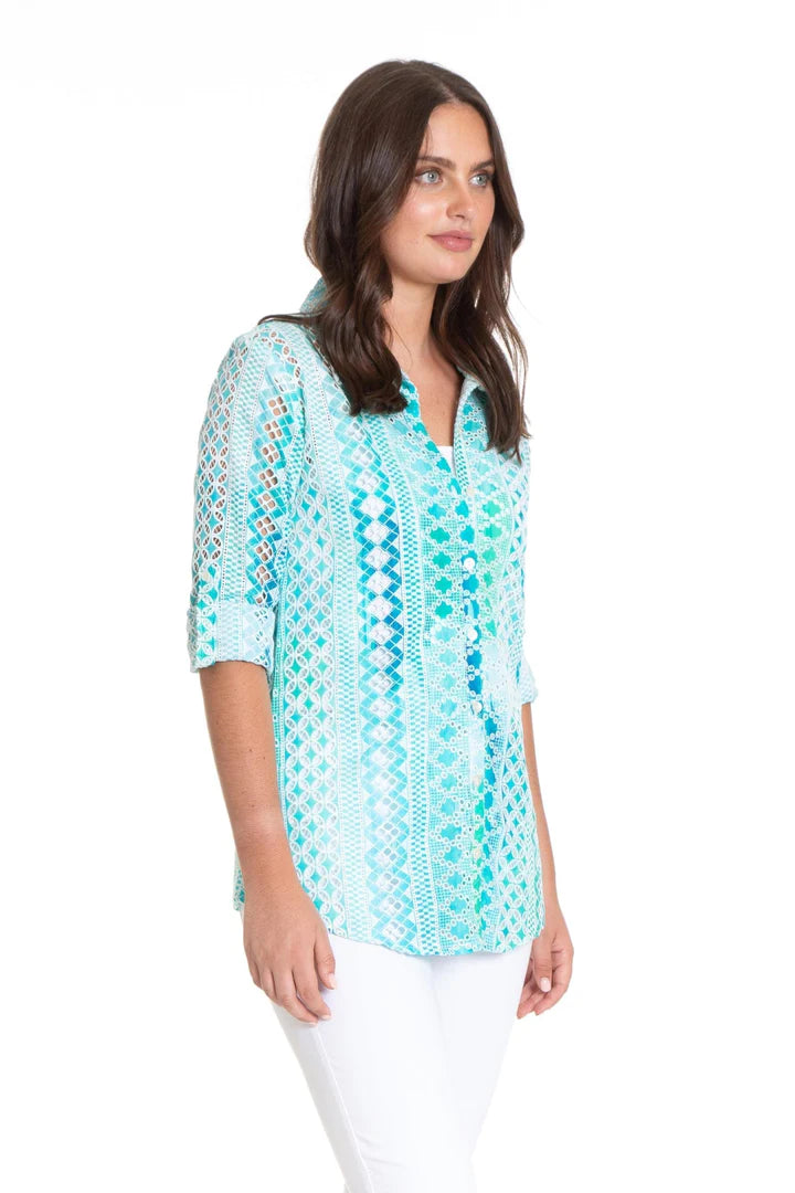 APNY Eyelet Ombre Button Up Blouse-Blue Lagoon