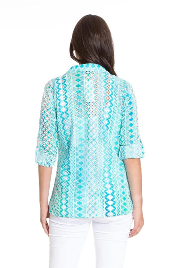 APNY Eyelet Ombre Button Up Blouse-Blue Lagoon