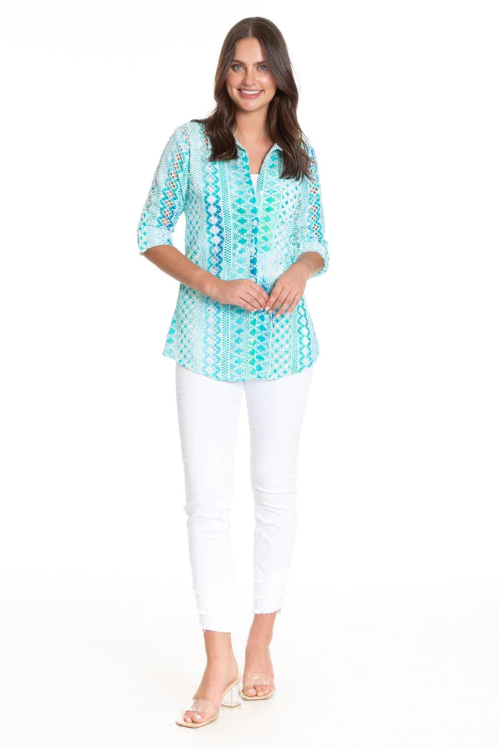 APNY Eyelet Ombre Button Up Blouse-Blue Lagoon