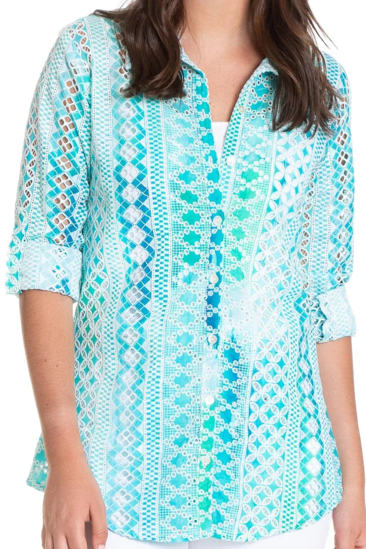 APNY Eyelet Ombre Button Up Blouse-Blue Lagoon