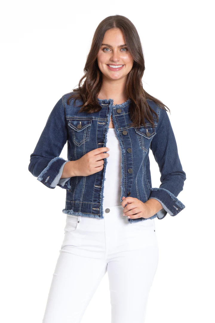 APNY Collarless Jean Jacket With Frayed Detail-Indigo
