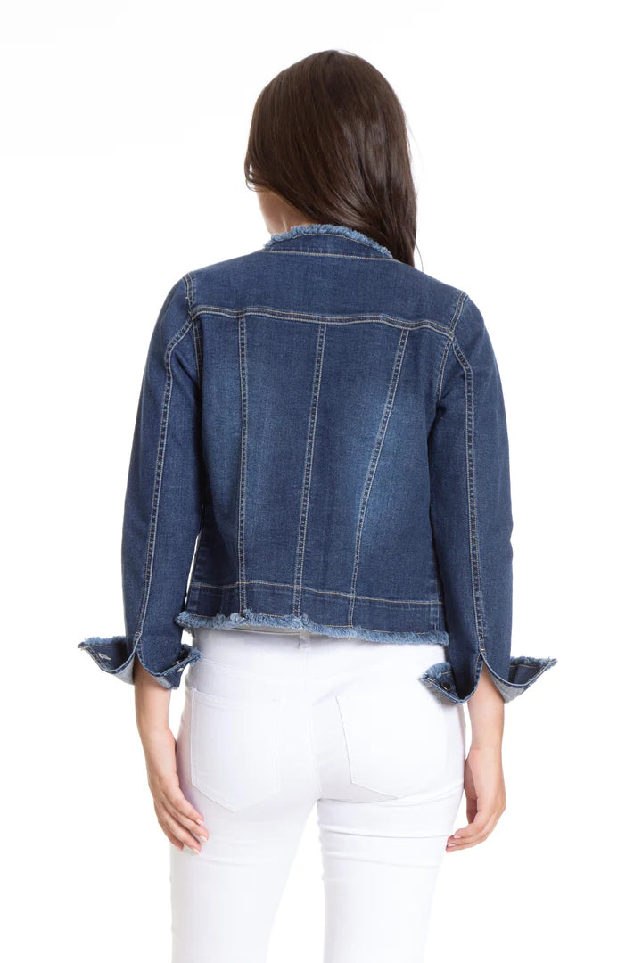 APNY Collarless Jean Jacket With Frayed Detail-Indigo