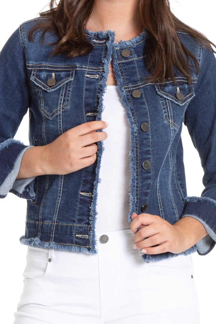 APNY Collarless Jean Jacket With Frayed Detail-Indigo