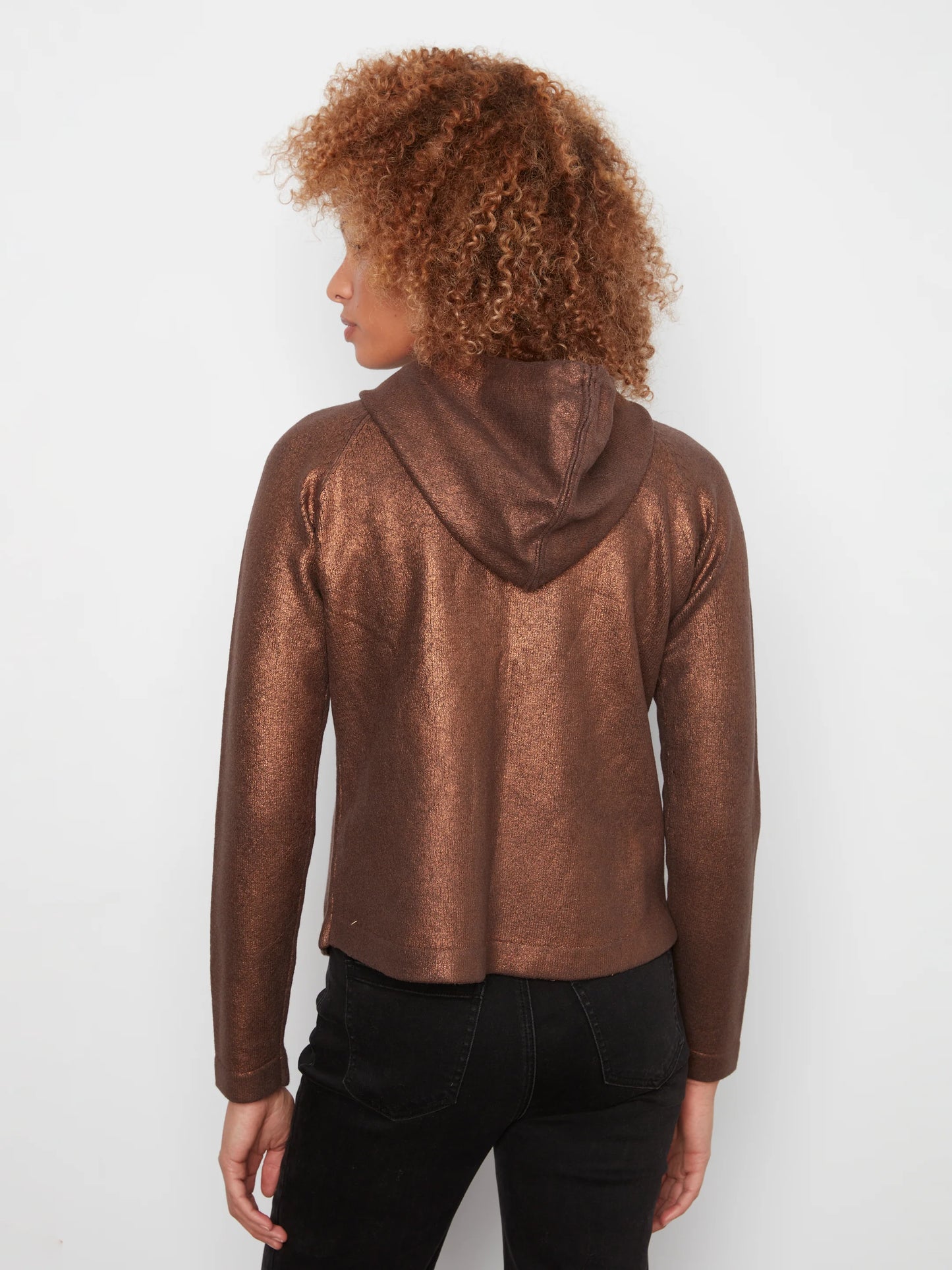 Charlie B Metallic Knit Hoodie Kangaroo Pocket Sweater - Copper