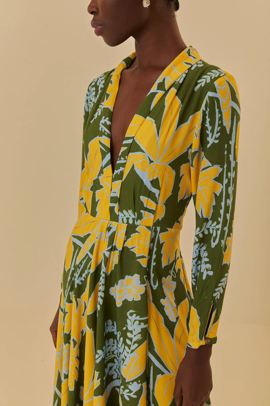 Farm Rio  Foliage Sketch Green V Neck Maxi Dress
