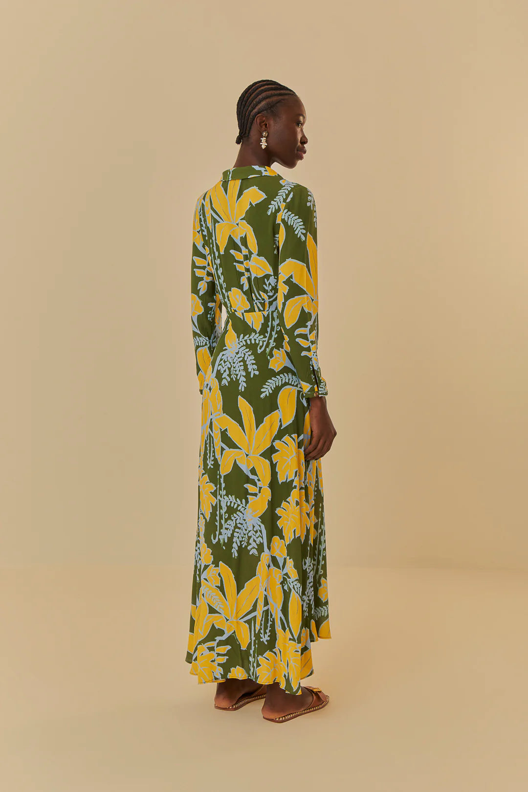 Farm Rio Foliage Sketch Green V Neck Maxi Dress