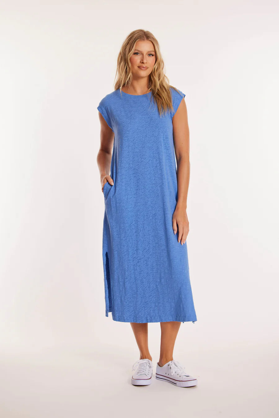Mododoc Cap Sleeve Column Dress w/ Side Slits Blue Dream
