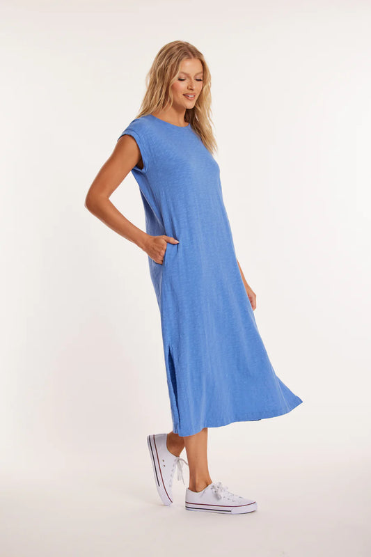 Mododoc Cap Sleeve Column Dress w/ Side Slits Blue Dream