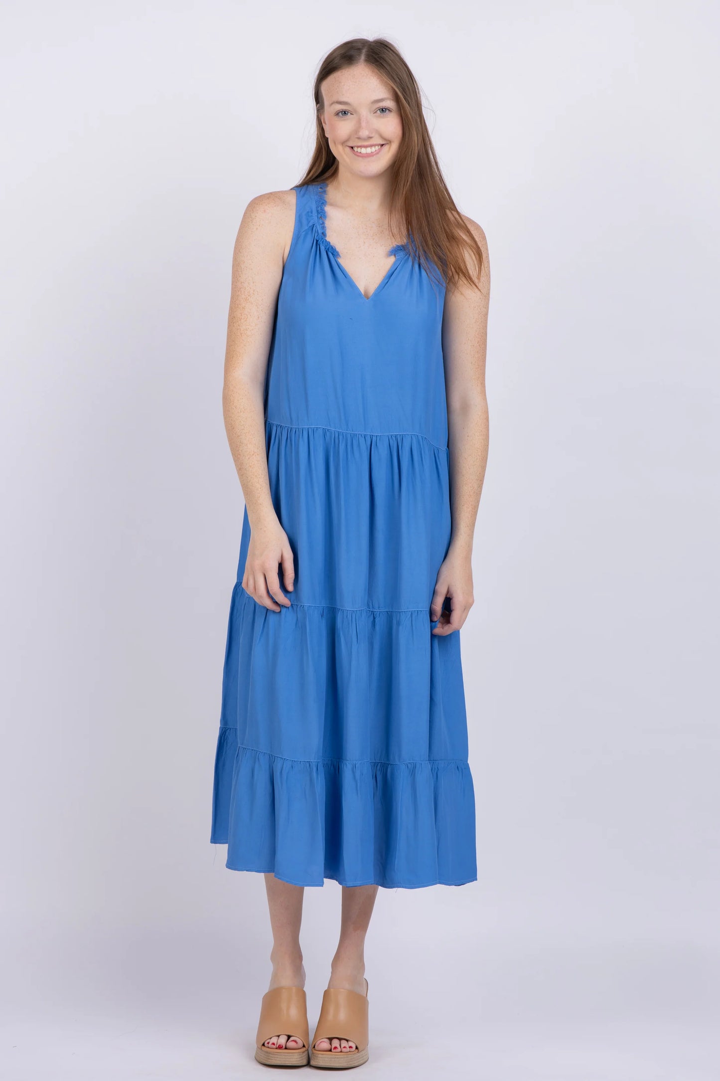 Maven West S/L V Neck Ruffle Midi Dress-Star Blue