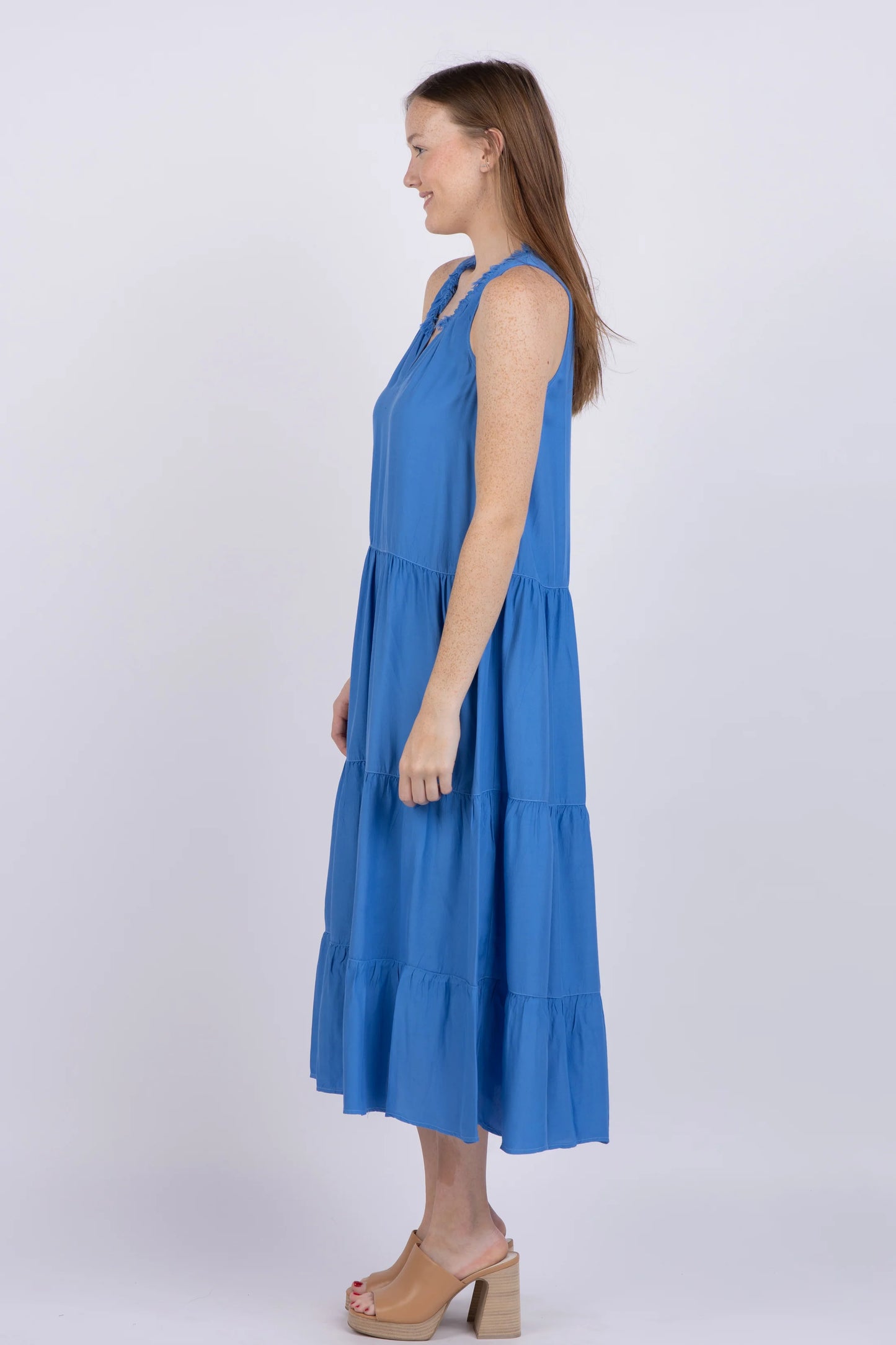 Maven West S/L V Neck Ruffle Midi Dress-Star Blue