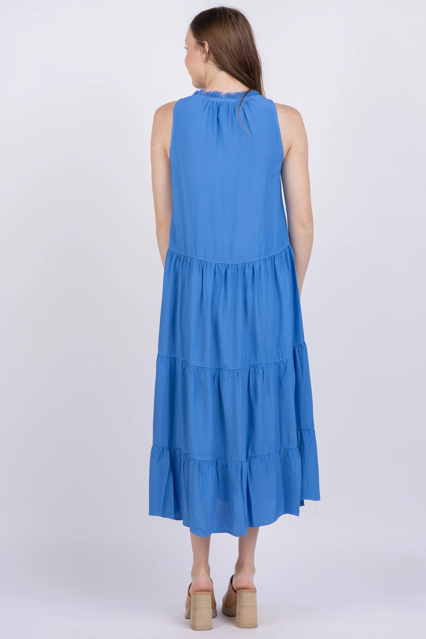 Maven West S/L V Neck Ruffle Midi Dress-Star Blue