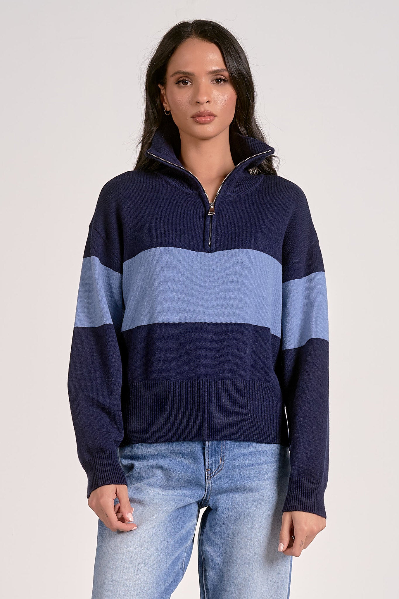 1/4 Zip Stripe Sweater Navy / Light Blue