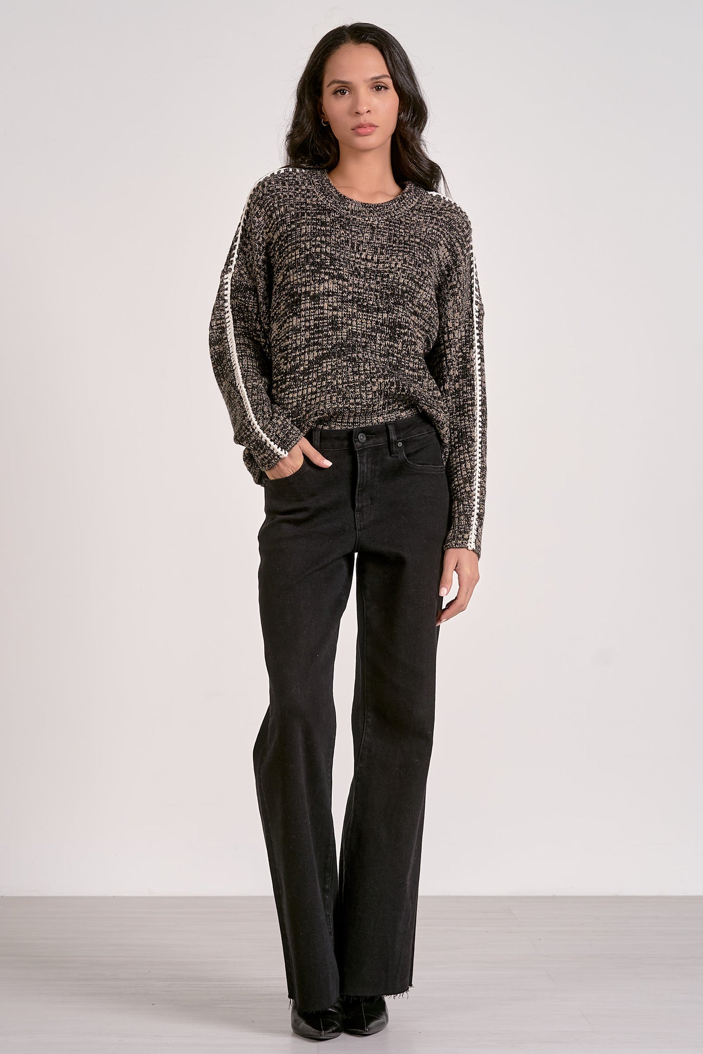 Elan Marl Whipstitch Sweater - Black/Brown