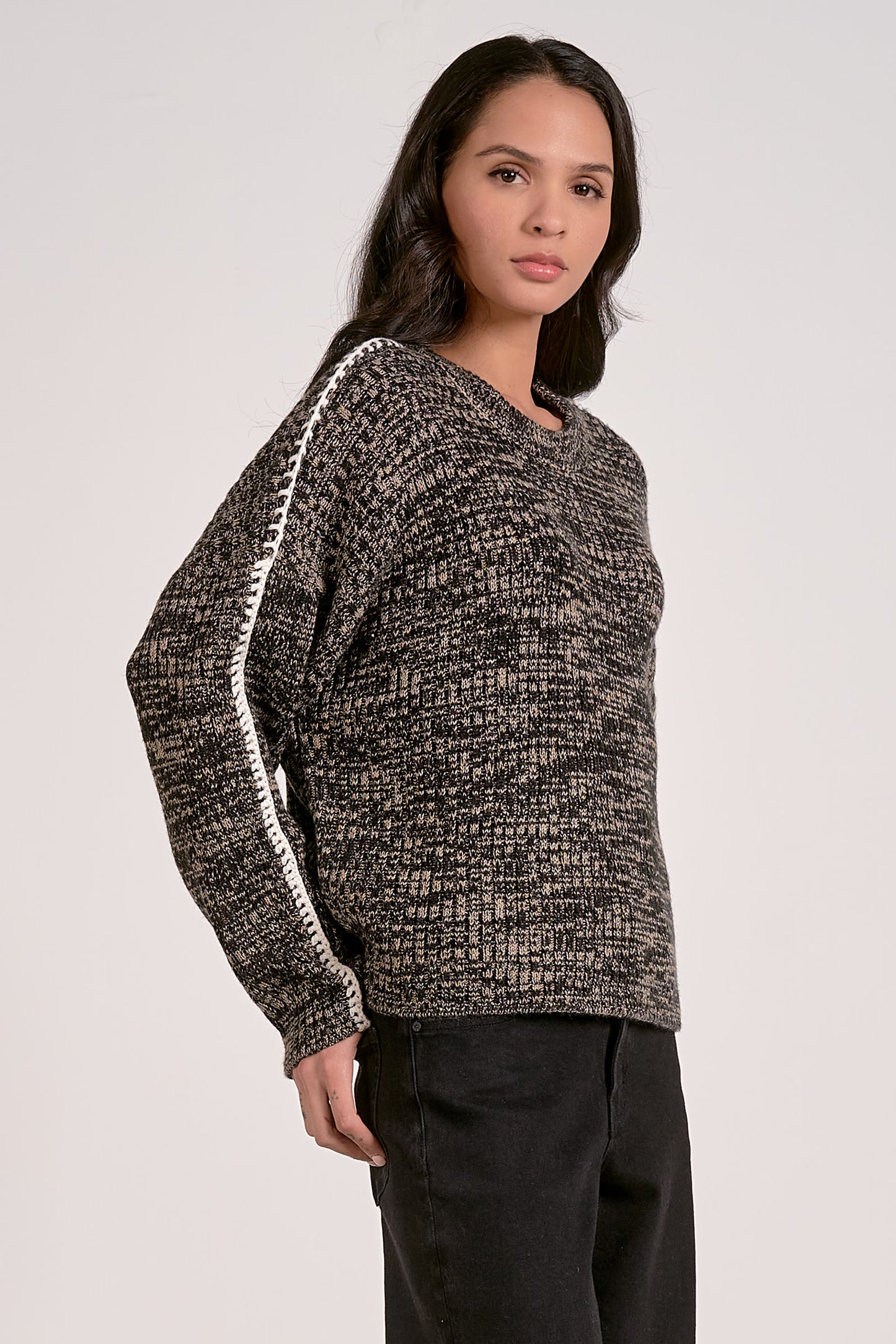 Elan Marl Whipstitch Sweater - Black/Brown
