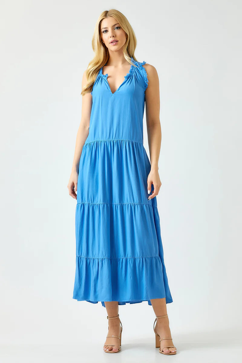 Maven West S/L V Neck Ruffle Midi Dress-Star Blue