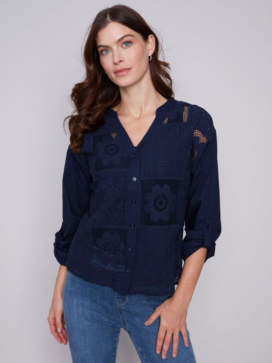 Charlie B Linen Eyelet Top-Navy