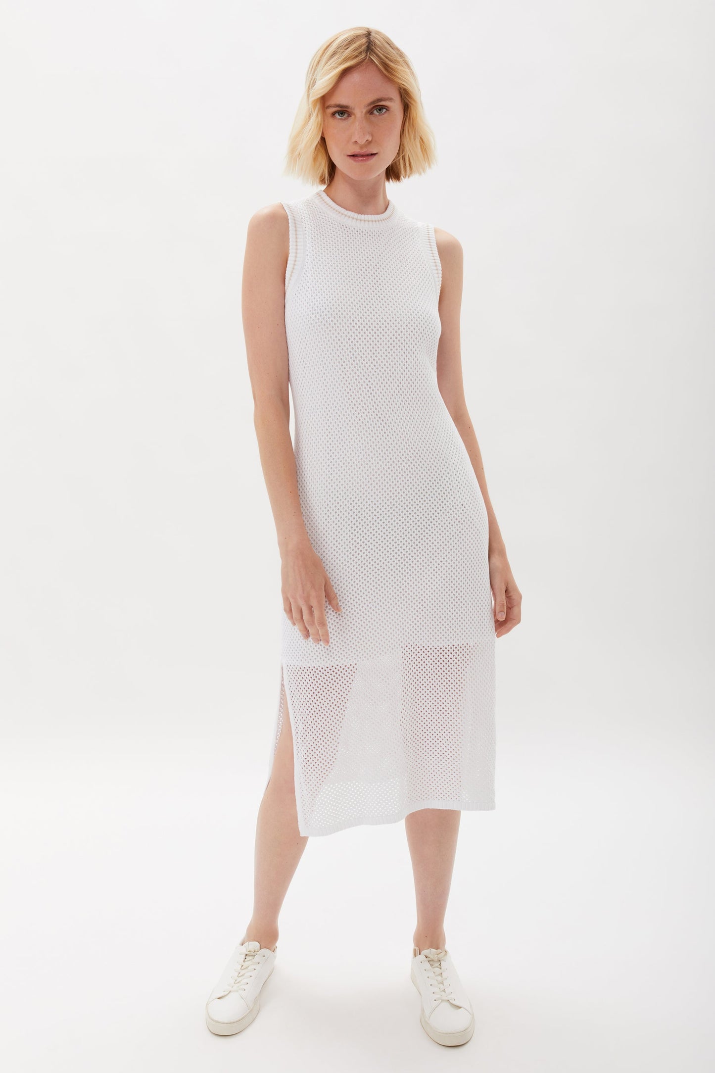 Ecru Mesh Stitch Sweater Dress-White