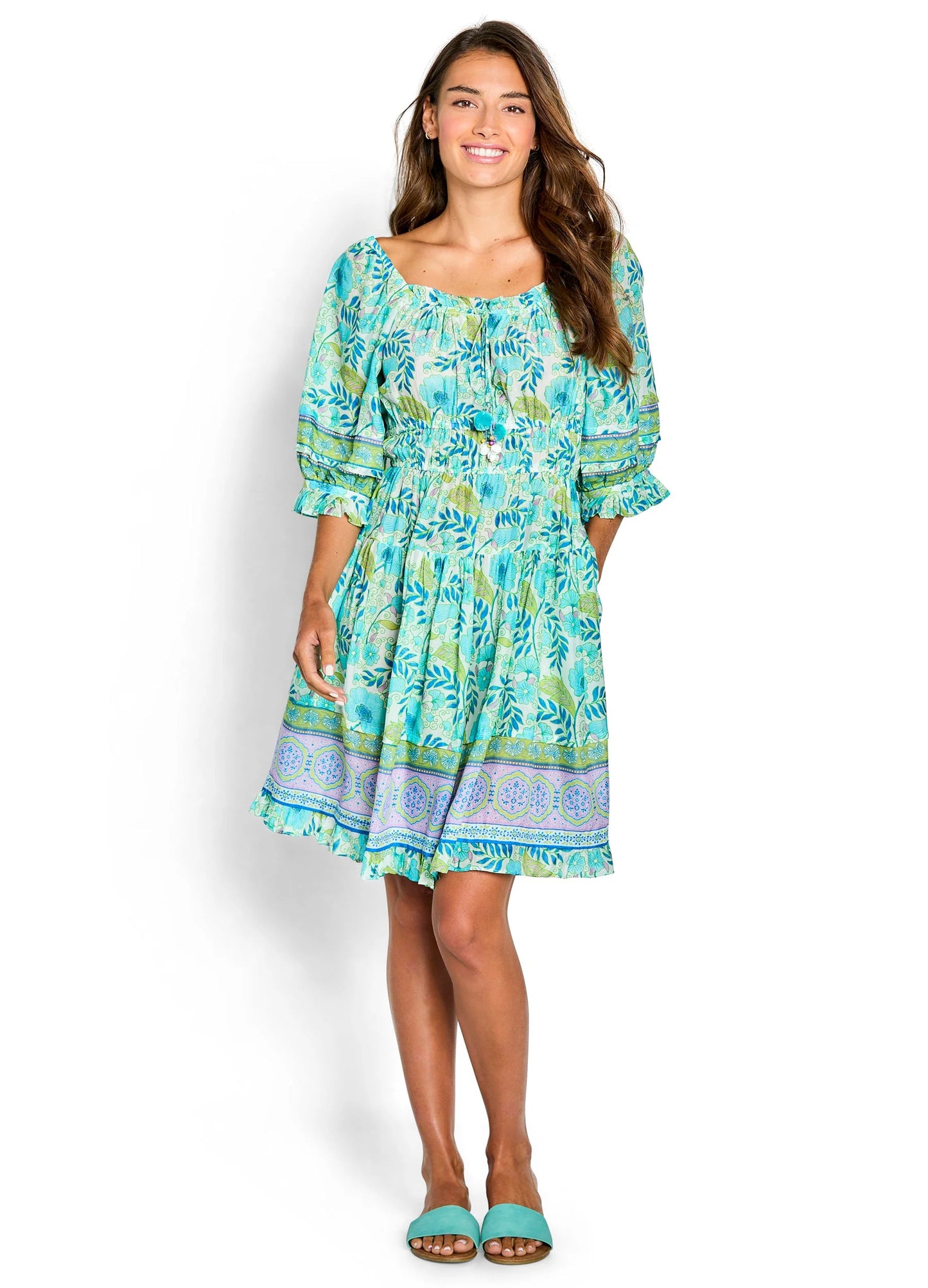 Bella Tu Poppy Shirred Waist Dress-Turquoise