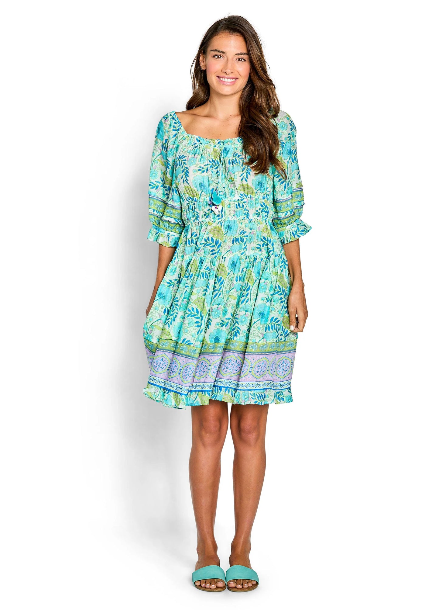 Bella Tu Poppy Shirred Waist Dress-Turquoise
