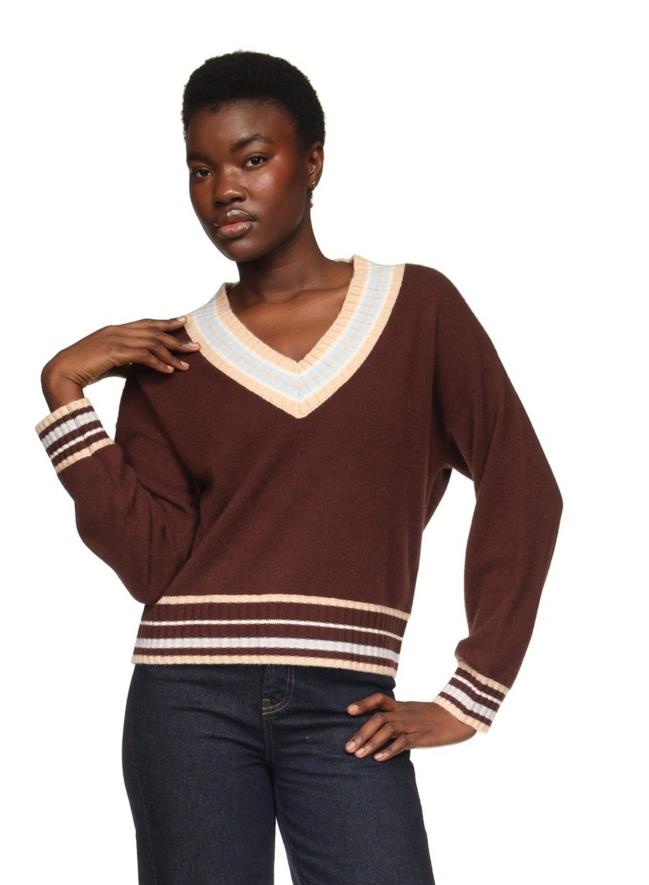 Brodie Stitch Trim V Neck Sweater Cocoa