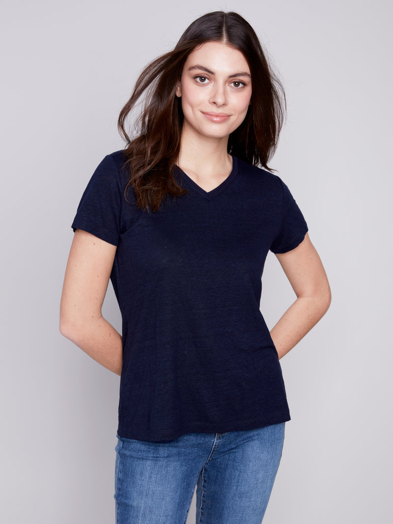 Charlie B Linen Jersey V Neck Tee Marine