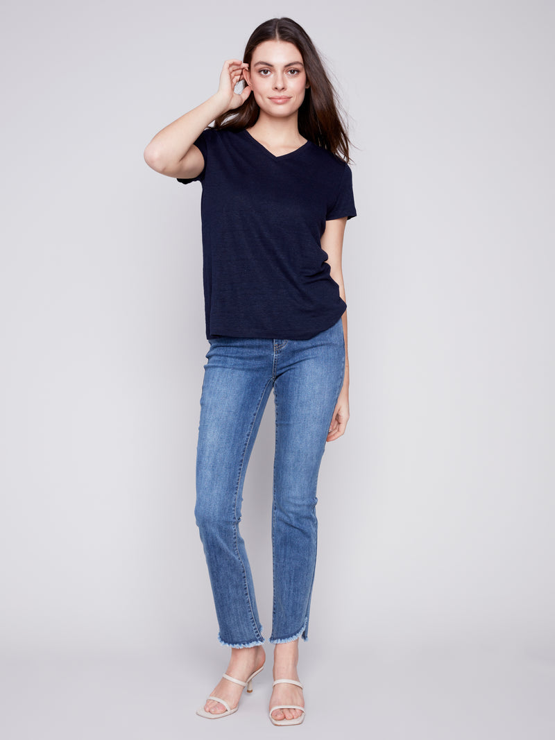 Charlie B Linen Jersey V Neck Tee Marine