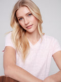 Charlie B Linen Jersey V Neck Tee Pink Lotus