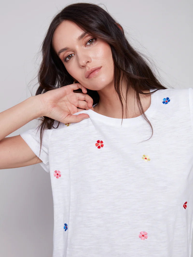 Charlie B White Embroidered Cotton Slub Tee - White Flowers