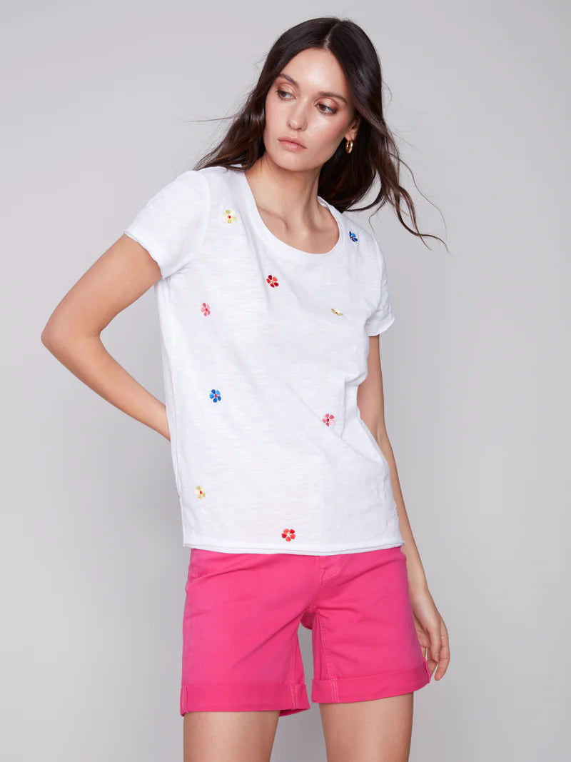 Charlie B White Embroidered Cotton Slub Tee - White Flowers