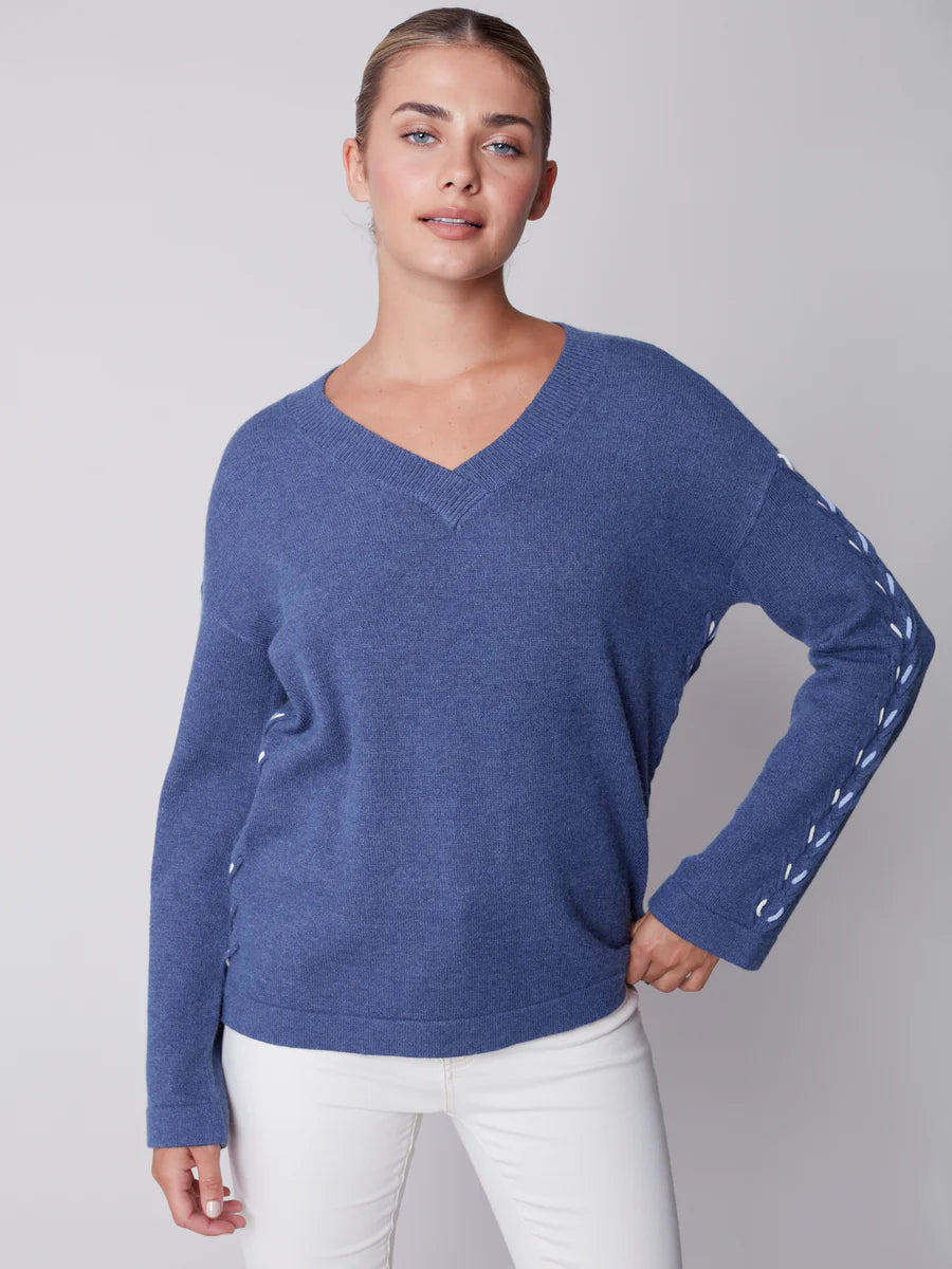 Charlie B Plushy V-Neck Stitch Sleeve Detail-Heather Denim