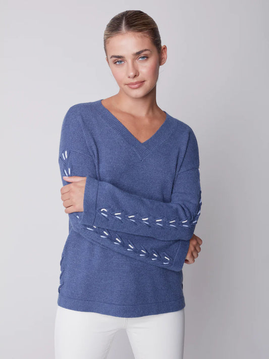 Charlie B Plushy V-Neck Stitch Sleeve Detail-Heather Denim