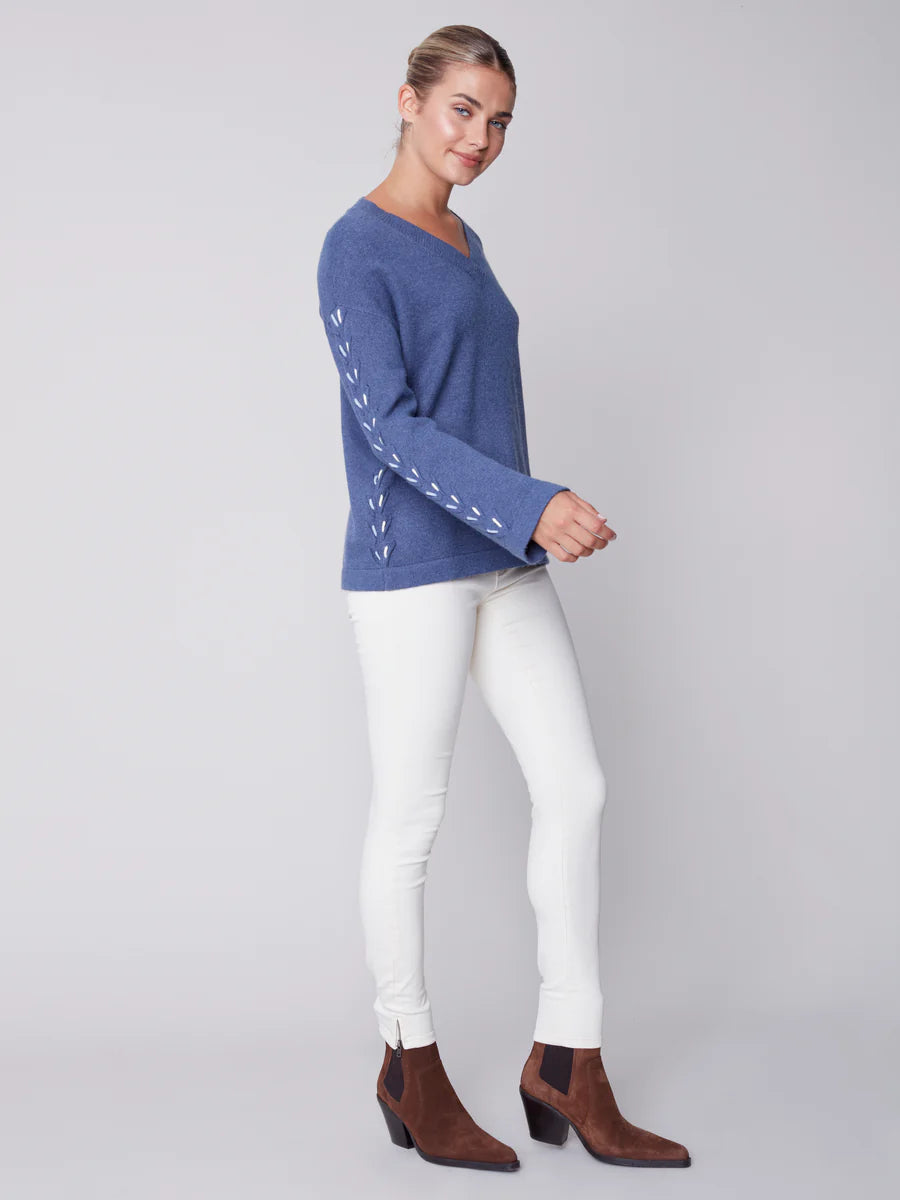 Charlie B Plushy V-Neck Stitch Sleeve Detail-Heather Denim