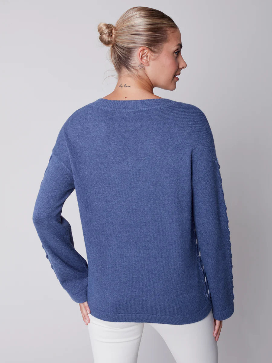 Charlie B Plushy V-Neck Stitch Sleeve Detail-Heather Denim