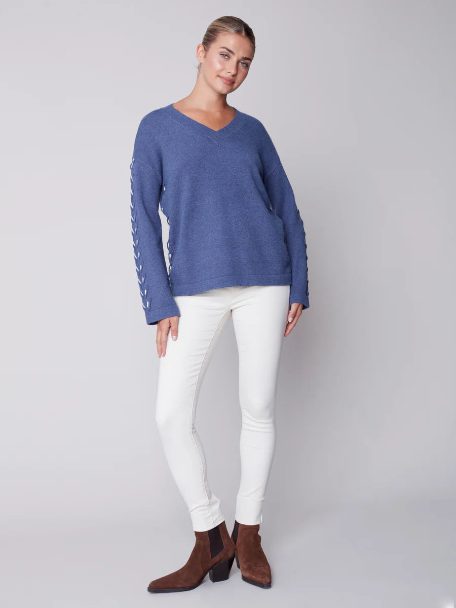 Charlie B Plushy V-Neck Stitch Sleeve Detail-Heather Denim