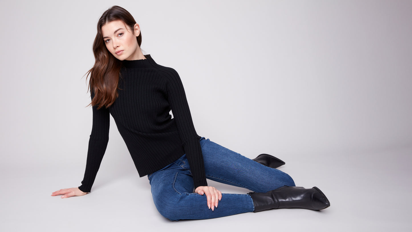 Charlie B Ribbed Knit Mock Sweater - Black
